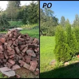 Porównanie stanu ogrodu przed i po: sterta cegieł i ziemi kontra rząd posadzonych, zadbanych tuj na tle zieleni.