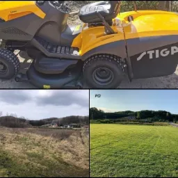 Ż&oacute;łto-szary traktorek Stiga na tle pola przed i po koszeniu, ukazujący efekt usługi koszenia trawy.