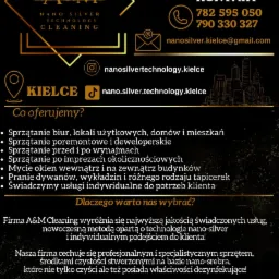 Grafika reklamowa firmy A&M Cleaning z Kielc, oferującej sprzątanie w technologii nano silver, z podanym numerem telefonu, adresem email i nazwami kont w mediach społecznościowych. Logo firmy...