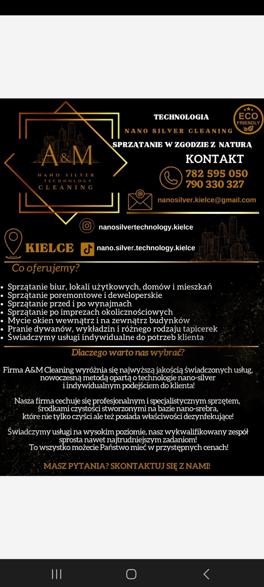 Grafika reklamowa firmy A&M Cleaning z Kielc, oferującej sprzątanie w technologii nano silver, z podanym numerem telefonu, adresem email i nazwami kont w mediach społecznościowych. Logo firmy...