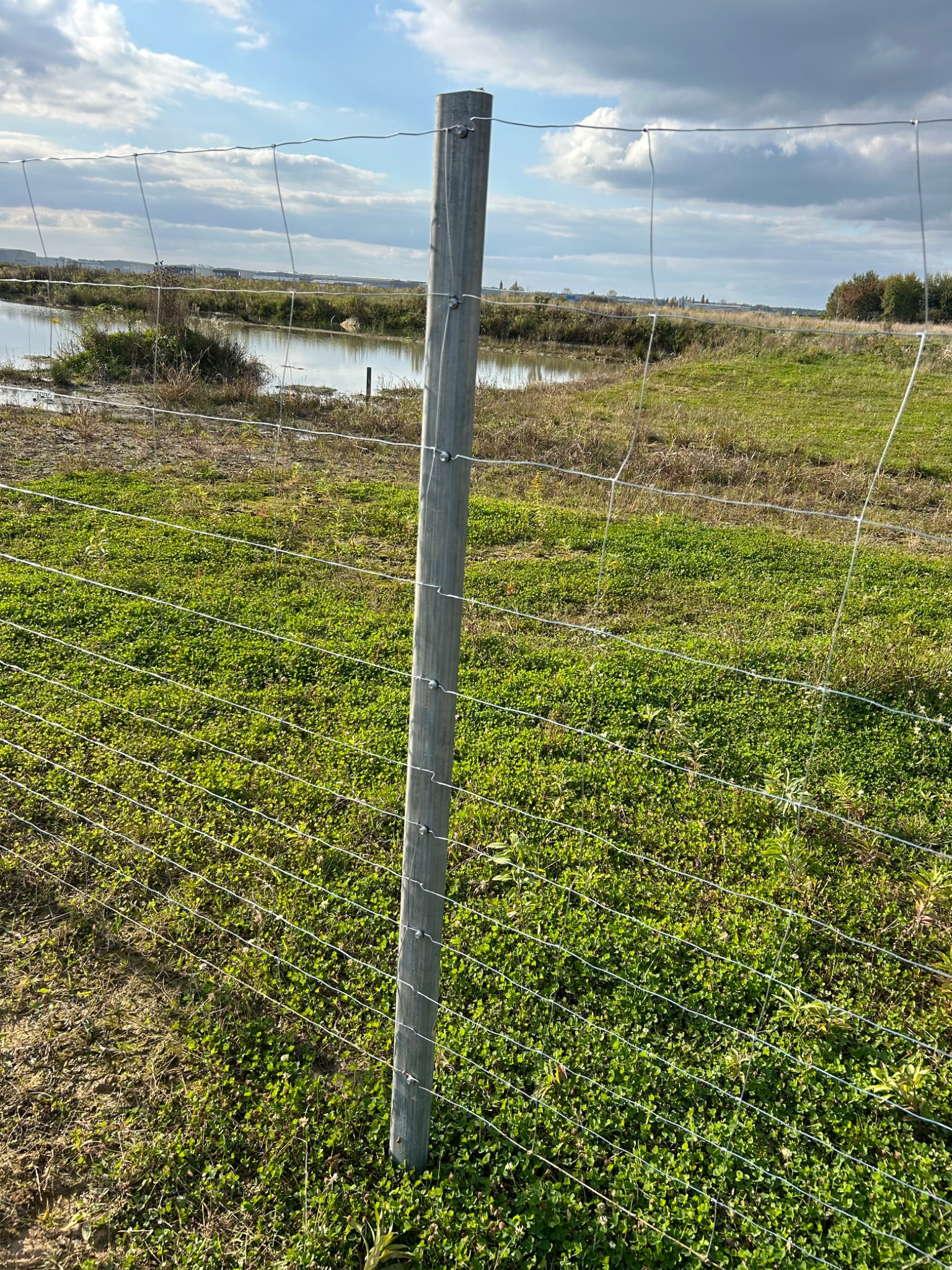 Słup ogrodzeniowy z drutem kolczastym na tle zielonej łąki i zbiornika wodnego. Widok na odległe budynki pod błękitnym niebem z chmurami.