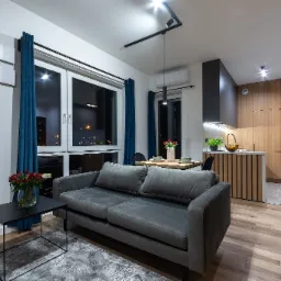 Nowoczesne wnętrze mieszkania z drewnianą podłogą, szarą sofą, czarnym grzejnikiem panelowym i otwartą kuchnią z drewnianymi szafkami, widok nocnego miasta przez okno.