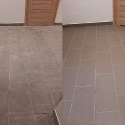 WMClean Usługi Sprzątania WERONIKA MIERZWA-KLIMCZAK - Porównanie stanu podłogi z szarych płytek przed i po czyszczeniu, widoczne różnice w zabrudzeniach i połysku.