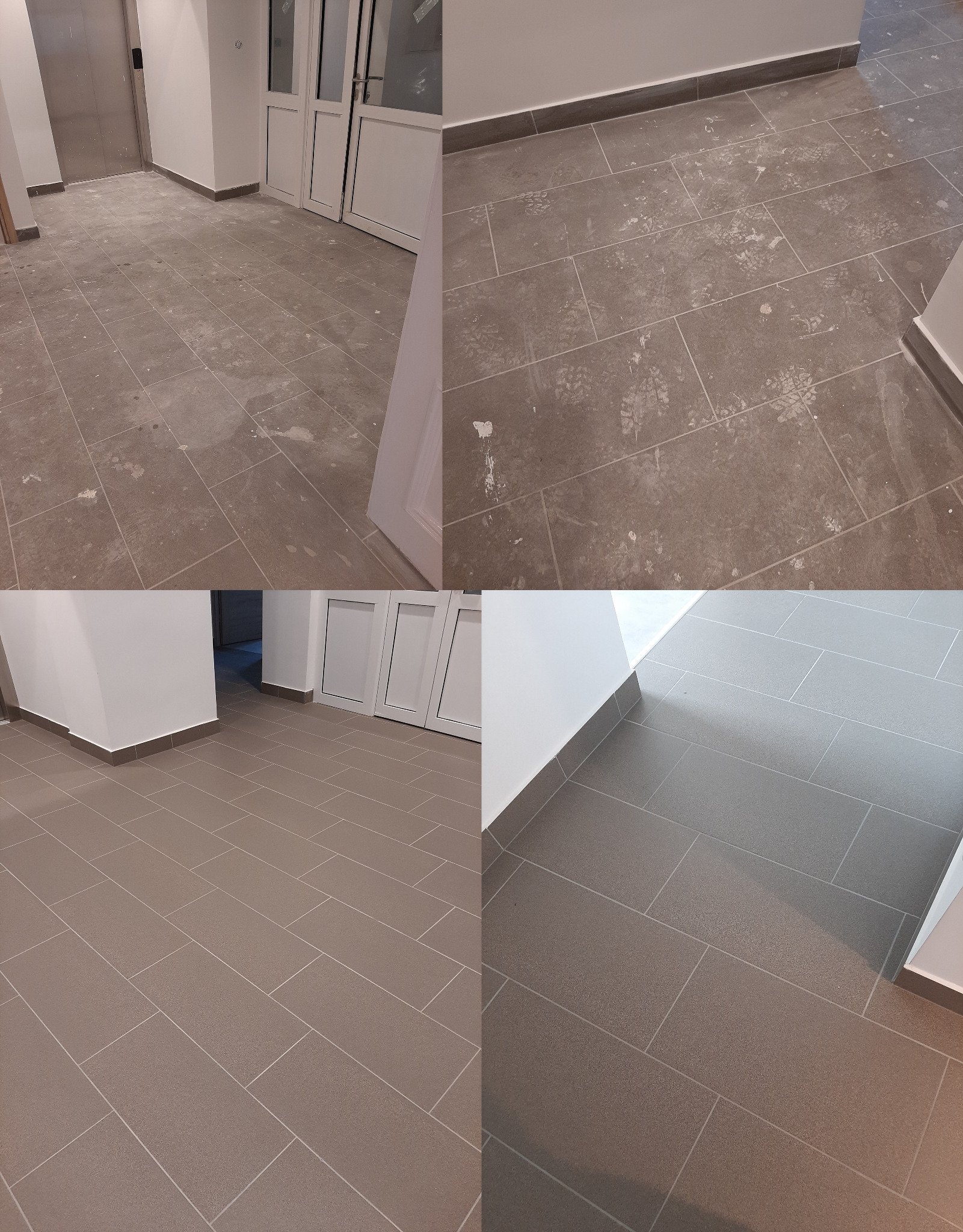 Porównanie stanu posadzki z szarych płytek przed i po czyszczeniu, widoczne ślady zabrudzeń i odcisków butów przed, czysta i lśniąca powierzchnia po.