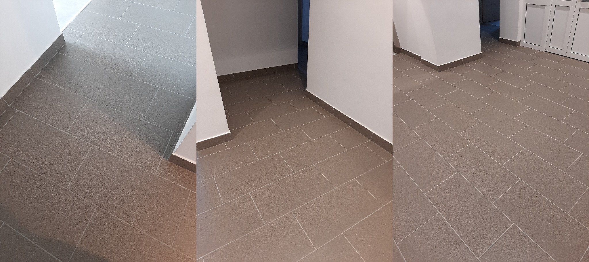 Nowoczesna, brązowa podłoga z płytek w korytarzu biurowym, widok z góry, jasne fugi, białe ściany i listwy przypodłogowe.