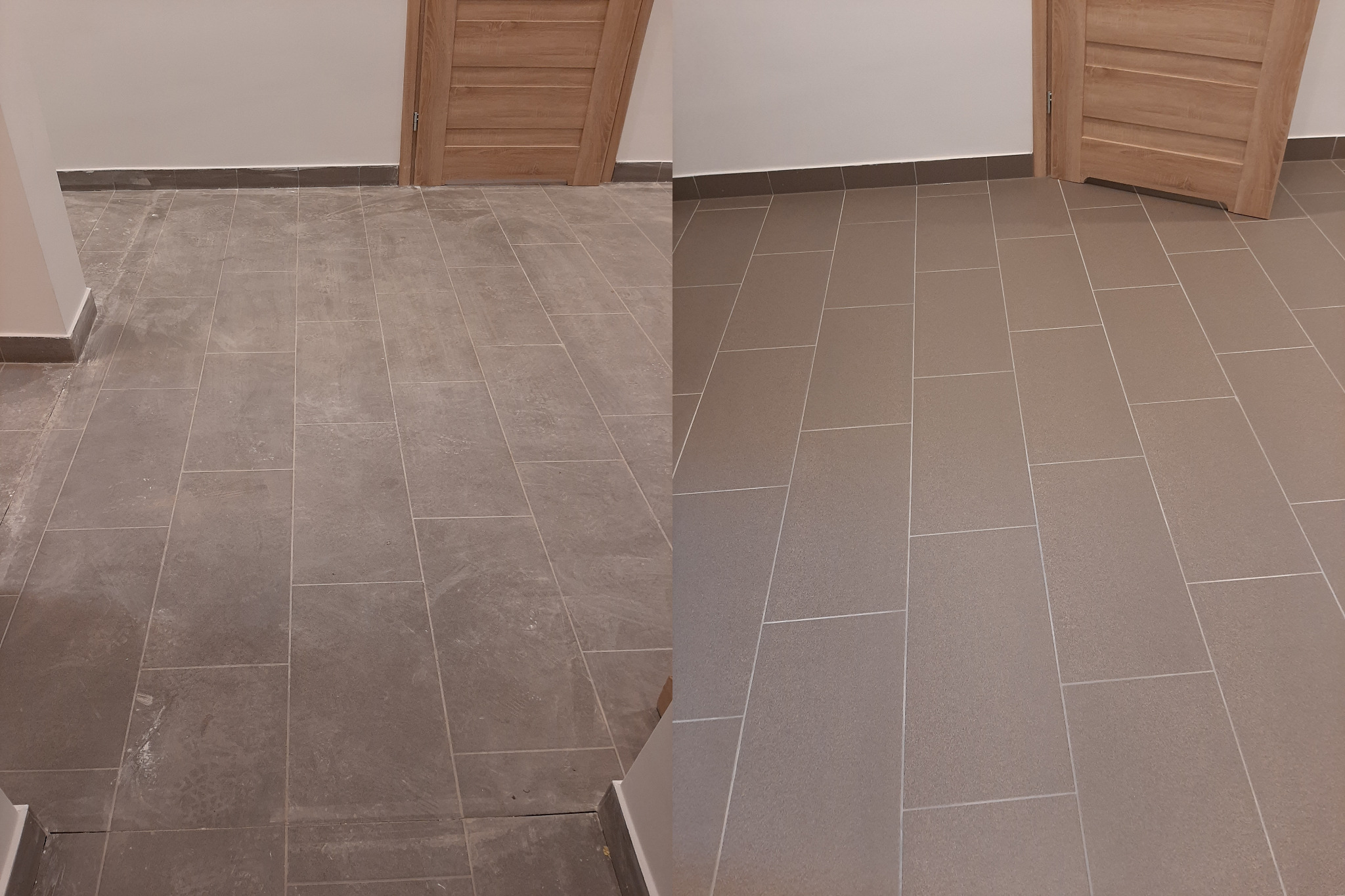 Porównanie stanu podłogi z szarych płytek przed i po czyszczeniu, widoczne różnice w zabrudzeniach i połysku.