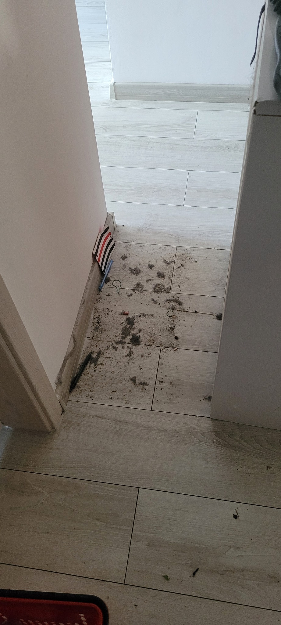 Podłoga z płytek imitujących drewno, zabrudzona kurzem, okruchami i innymi zanieczyszczeniami, widoczne przy krawędzi ściany, z ołówkiem i małą kartką przy listwie przypodłogowej.