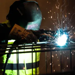 Pracownik w masce spawalniczej i odblaskowej kamizelce łączy pręty zbrojeniowe iskrzącym się spawem, widoczne detale rękawic ochronnych.
