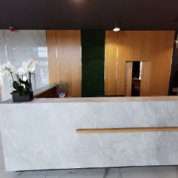 Recepcja z blatem z szarego marmuru, drewnianymi panelami na ścianie, zieloną ścianą z mchu i białymi storczykami w czarnej donicy.