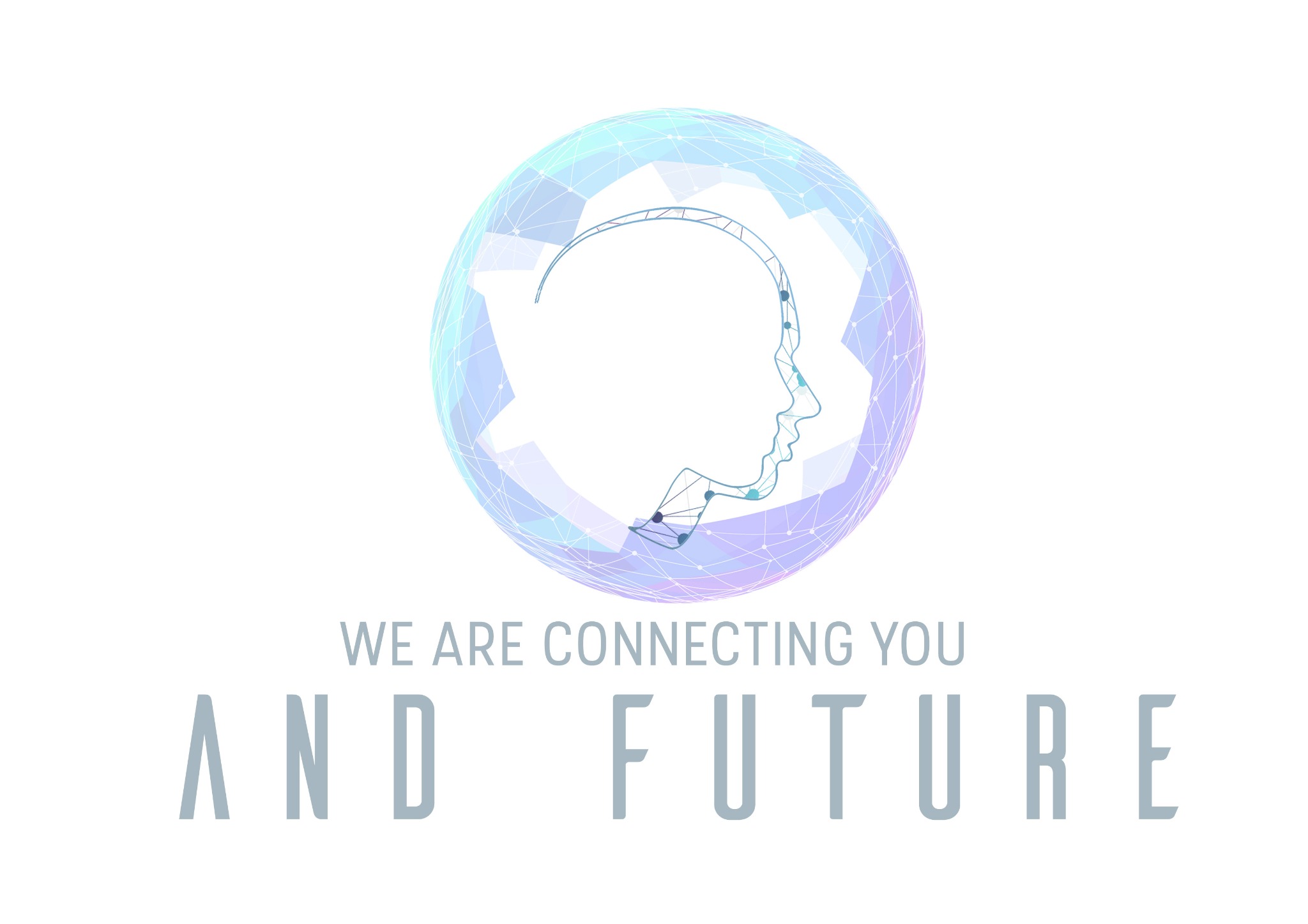 Abstrakcyjne logo przedstawiające profil twarzy wewnątrz sfery z siatki połączeń, gradient niebiesko-fioletowy, napis 'WE ARE CONNECTING YOU AND FUTURE'.
