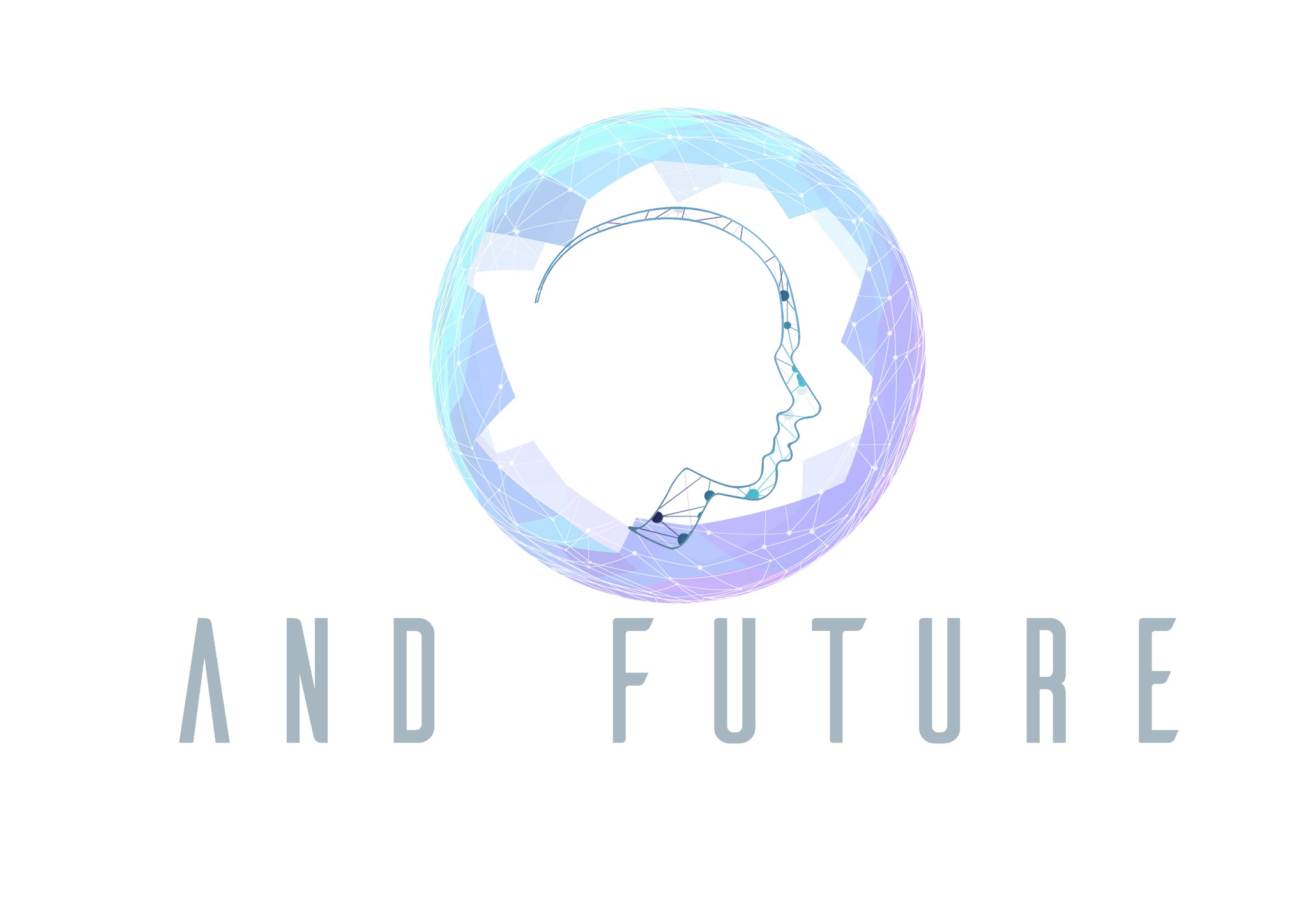 Grafika wektorowa przedstawiająca stylizowaną głowę człowieka wewnątrz sfery utworzonej z siatki połączonych punktów, z napisem 'AND FUTURE' poniżej.