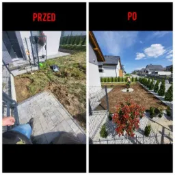 Porównanie stanu działki przed i po: niezagospodarowany teren z chwastami i ziemią kontra świeżo założony trawnik z nasadzeniami krzewów i drzewek, widoczny fragment ogrodzenia i kostka brukowa.