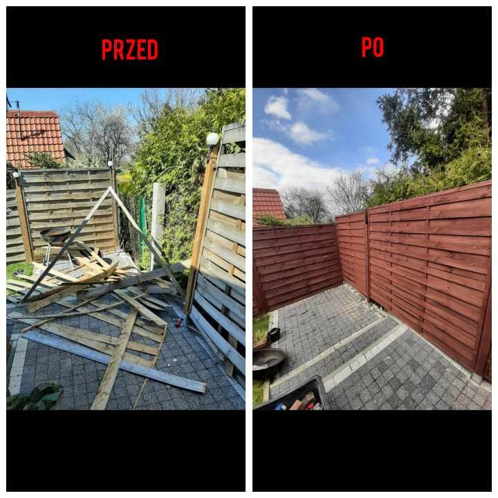 Porównanie stanu ogrodzenia: zniszczone, częściowo rozebrane drewniane elementy i bałagan na posesji, a po prawej stronie odnowione, pomalowane na brązowo ogrodzenie z uporządkowanym terenem.
