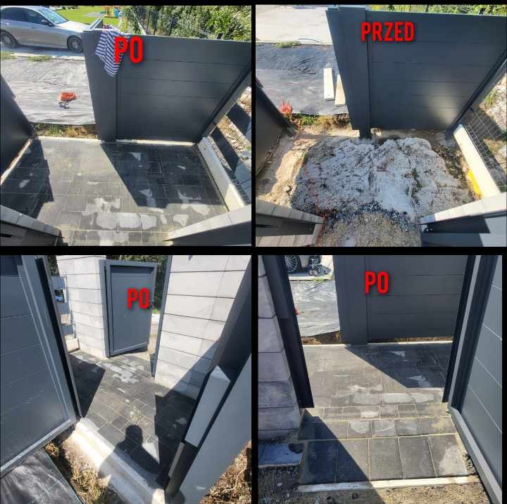 Cztery kadry przedstawiające montaż nowoczesnego, grafitowego ogrodzenia panelowego z furtką: stan przed i po ułożeniu kostki brukowej.
