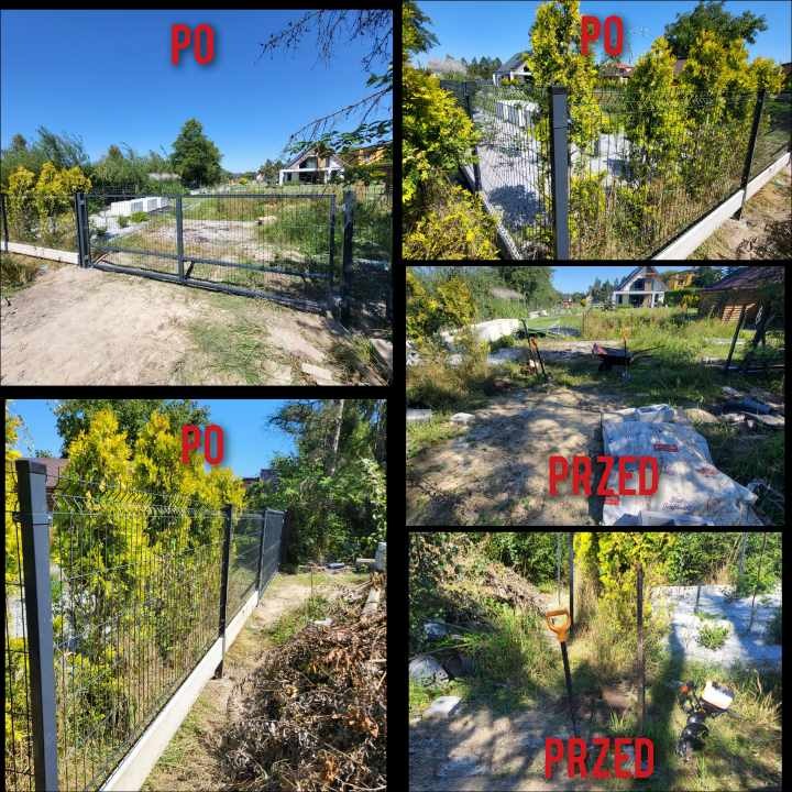 Kompozycja zdjęć ukazująca etapy montażu ogrodzenia panelowego: widok gotowego ogrodzenia z bramą wjazdową, przygotowanie terenu z workami cementu i narzędziami, oraz fragment ogrodzenia wzdłuż...