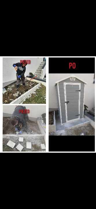 Porównanie stanu przed i po: pracownik układa kostkę brukową wokół betonowej rabaty, a na drugim zdjęciu stoi szara, plastikowa szopa ogrodowa.