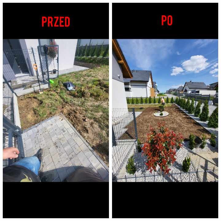 Porównanie stanu działki przed i po: niezagospodarowany teren z chwastami i ziemią kontra świeżo założony trawnik z nasadzeniami krzewów i drzewek, widoczny fragment ogrodzenia i kostka brukowa.
