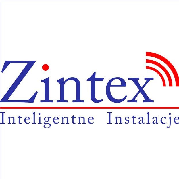 Logo firmy Zintex Inteligentne Instalacje z niebieskim napisem i czerwonymi elementami graficznymi symbolizującymi fale radiowe.