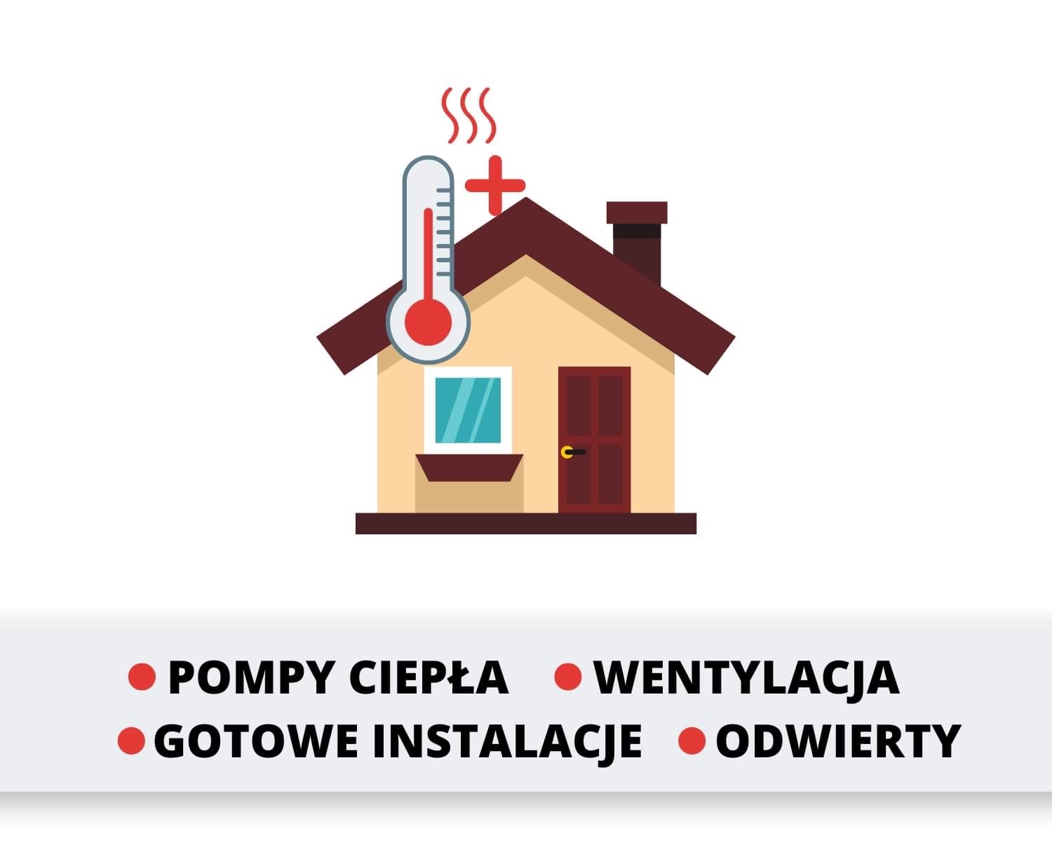 Stylizowana ikona domu z termometrem wskazującym wysoką temperaturę, symbolizująca efektywne ogrzewanie.