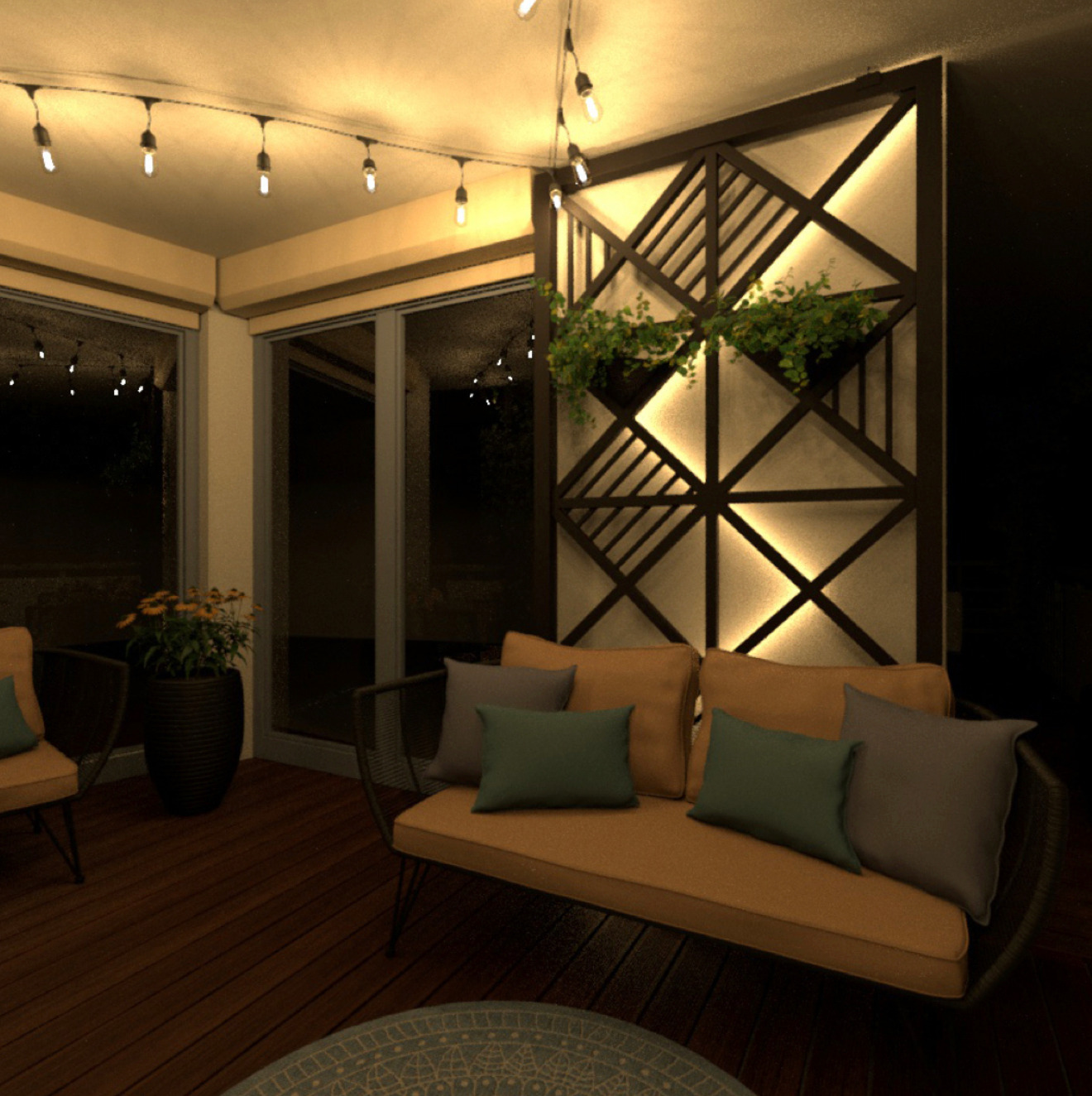 Oświetlony taras z drewnianą podłogą, sofą z poduszkami i dekoracyjną ścianą z geometrycznym wzorem podświetlonym od tyłu, wiszącymi roślinami i girlandą z żarówek.