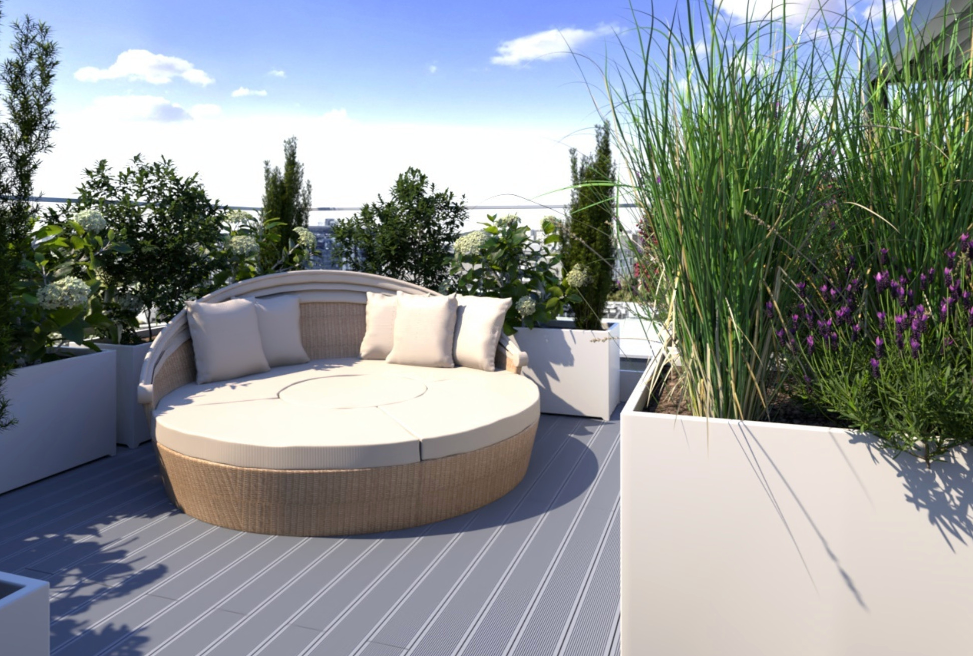 Aranżacja tarasu na dachu z okrągłą sofą z rattanu i wysokimi trawami ozdobnymi w minimalistycznych, białych donicach.