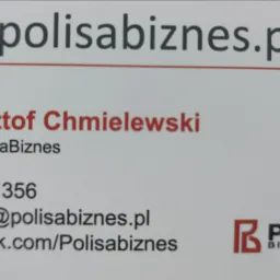 Wizytówka Krzysztofa Chmielewskiego, CEO PolisaBiznes, z numerem telefonu, adresem e-mail i adresem Facebooka.