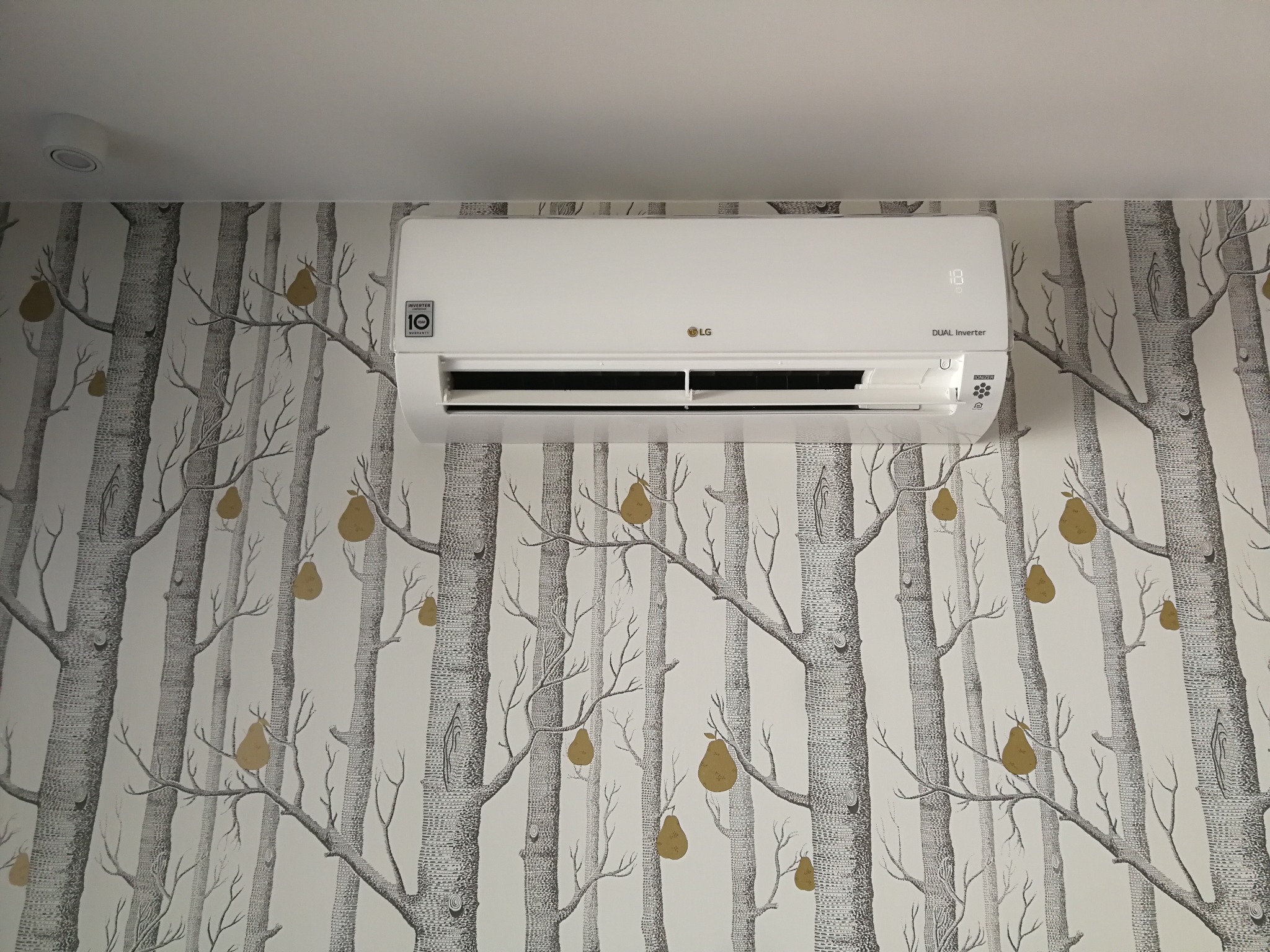 Biała jednostka klimatyzacji LG Dual Inverter zamontowana na ścianie z tapetą w motywie brzozowego lasu z gruszkami