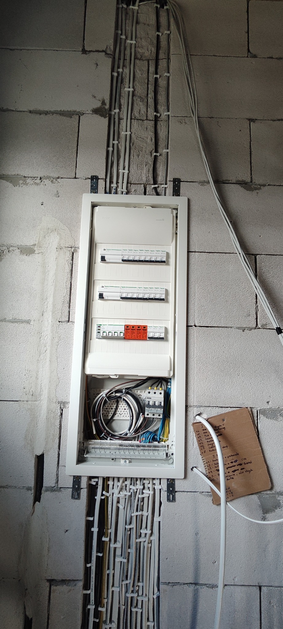 Rozdzielnica elektryczna z zainstalowanymi bezpiecznikami i przewodami w surowym wnętrzu, widoczne kable w peszlach prowadzone w ścianie z betonu komórkowego oraz notatki na kartonie.