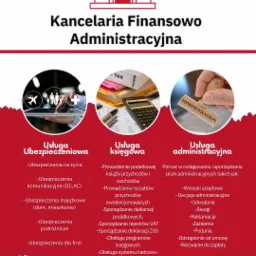 Baner reklamowy kancelarii finansowo-administracyjnej oferującej usługi ubezpieczeniowe, księgowe i administracyjne, z ikonami i listą świadczonych usług.