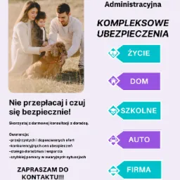 Grafika reklamowa kancelarii finansowo-administracyjnej oferującej kompleksowe ubezpieczenia: na życie, domu, szkolne, samochodu, firmy i zdrowotne, z wizerunkiem rodziny z psem na tle naturalnym.