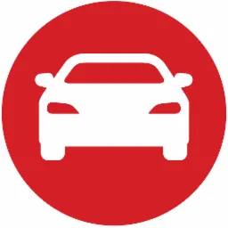 Ikona samochodu w kolorze białym na czerwonym okrągłym tle, widok z przodu.