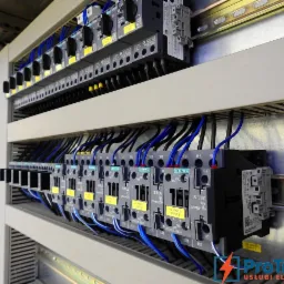 Rozdzielnica elektryczna z zainstalowanymi stycznikami Siemens Sirius i niebieskimi przewodami, widoczne szyny montażowe i elementy zabezpieczeń, z logo firmy ProTronic w prawym dolnym rogu.