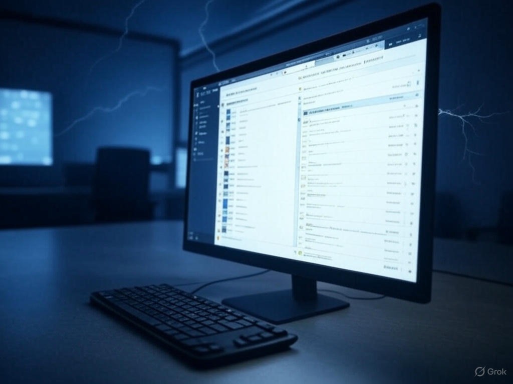 Monitor z otwartym oknem programu i klawiatura na biurku w chłodnym, niebieskim oświetleniu biura. Widoczne błyskawice, dodane cyfrowo.