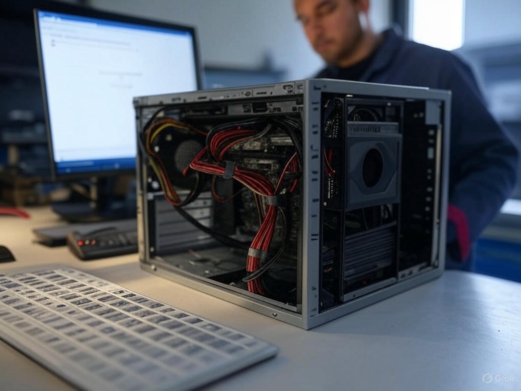 Otwarta obudowa komputera stacjonarnego z widocznymi kablami, wentylatorami i podzespołami. W tle monitor i osoba w ubraniu roboczym, na pierwszym planie klawiatura.