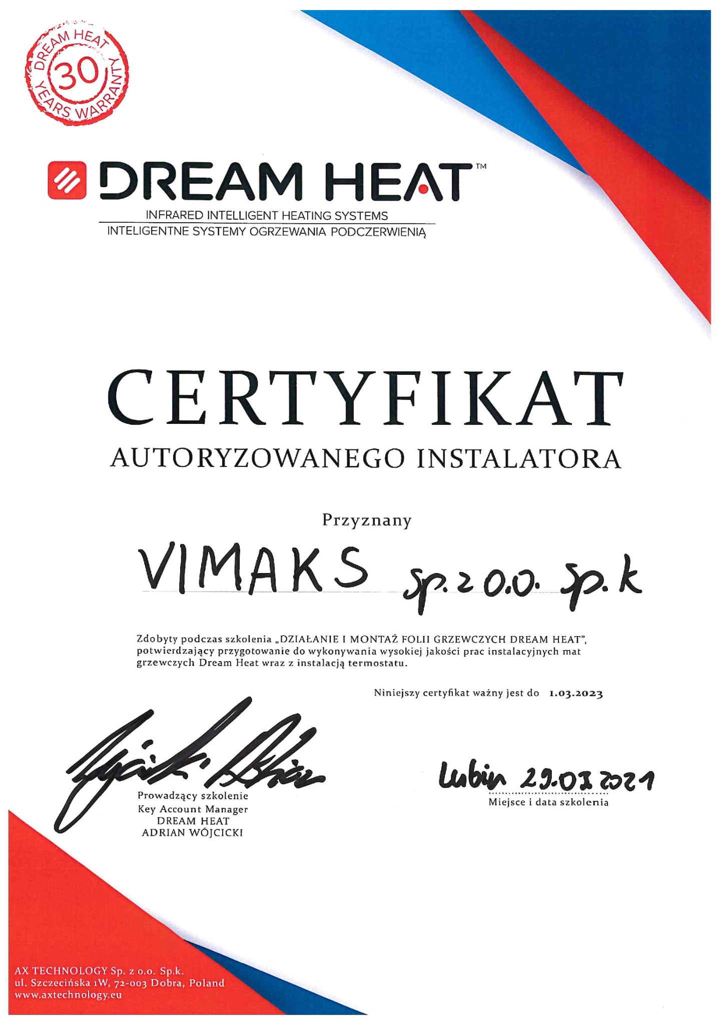 Certyfikat autoryzowanego instalatora folii grzewczych