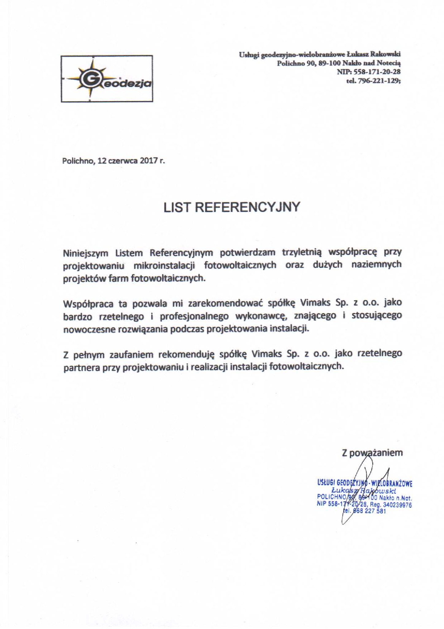 Skan listu referencyjnego od firmy geodezyjnej dla projektowania mikroinstalacji i farm fotowoltaicznych, datowany na 12 czerwca 2017, z logo firmy Geodezja i podpisem Łukasza Rakowskiego.