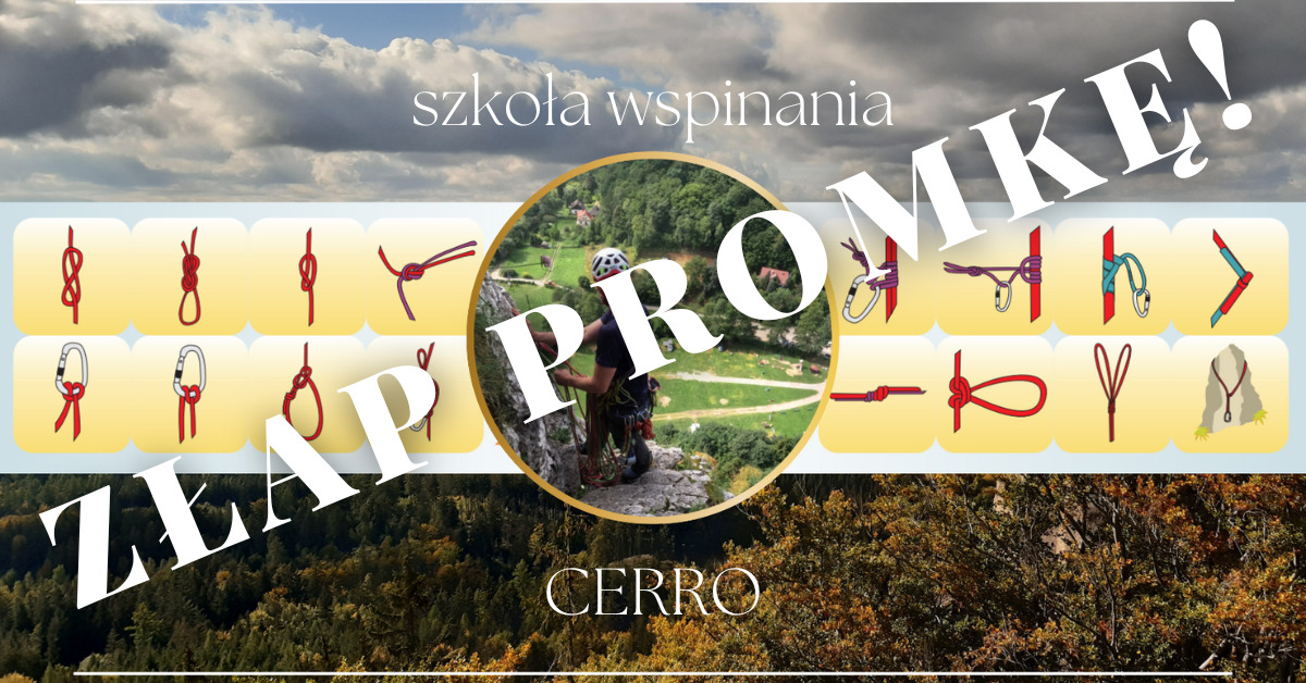 Grafika promocyjna szkoły wspinania Cerro z ilustracjami węzłów wspinaczkowych i wspinaczem w kasku na tle górskiego krajobrazu.