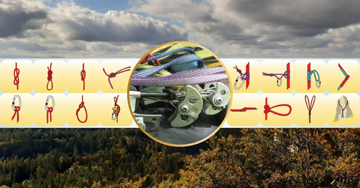 Sprzęt wspinaczkowy: liny, friendy i schematy wiązania węzłów na tle krajobrazu z chmurami i lasem.