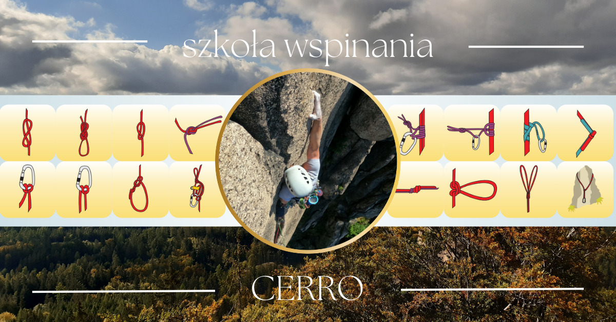 Grafika z logo szkoły wspinania CERRO prezentująca wspinaczkę skalną w okręgu na tle schematycznych rysunków węzłów wspinaczkowych i jesiennego lasu.