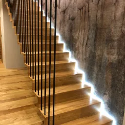 Nowoczesne schody z podświetleniem LED, czarne metalowe balustrady i dekoracyjna ściana z motywem roślinnym.