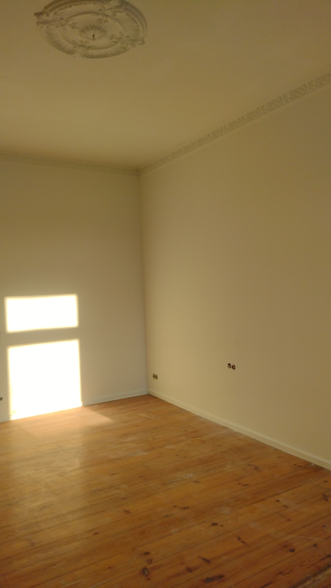 Pusty pokój po malowaniu ścian na biało, z drewnianą podłogą i dekoracyjnym sztukaterią na suficie i pod sufitem, widoczne gniazdka elektryczne.