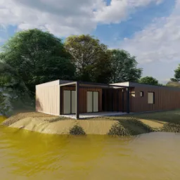 Wizualizacja nowoczesnego, parterowego domu z drewnianą elewacją, usytuowanego nad brzegiem zbiornika wodnego, otoczonego zielenią i drzewami pod błękitnym niebem z chmurami.