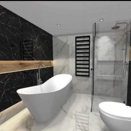 Róża Kołtun - Nowoczesna łazienka w Nowej Soli z wanną wolnostojącą, czarnymi płytkami imitującymi marmur z białymi żyłami, drewnianymi akcentami i kabiną prysznicową typu walk-in.