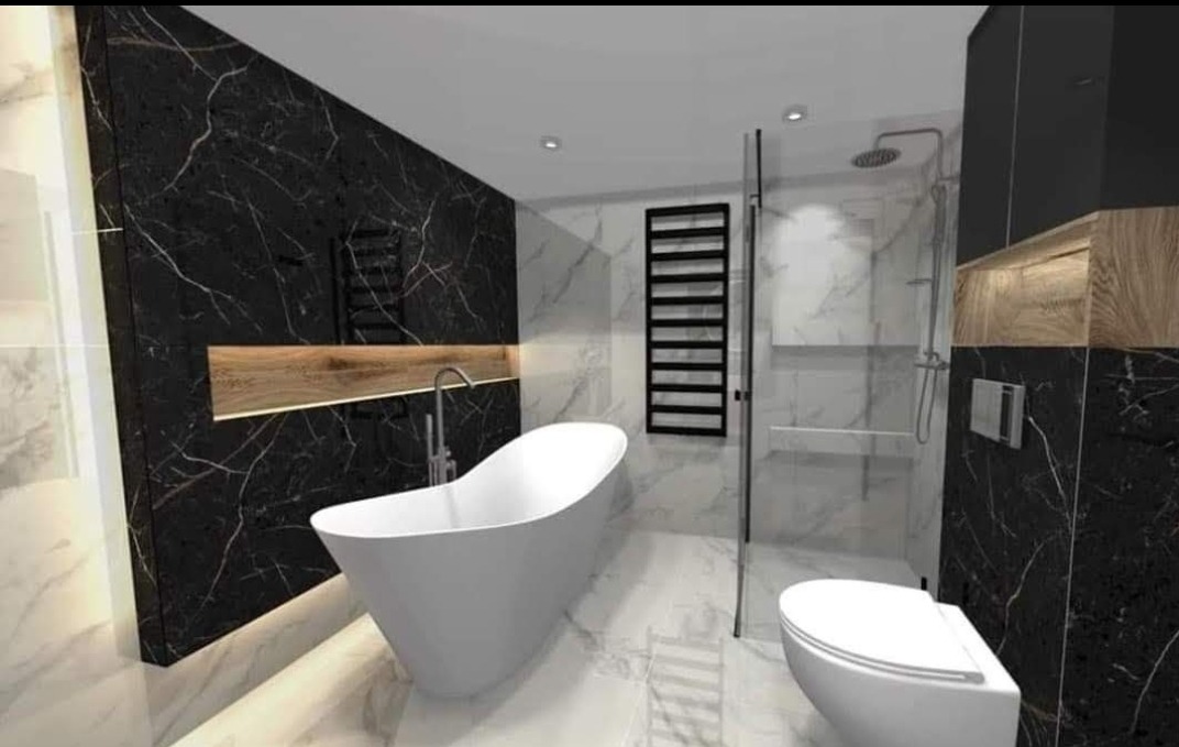 Nowoczesna łazienka w Nowej Soli z wanną wolnostojącą, czarnymi płytkami imitującymi marmur z białymi żyłami, drewnianymi akcentami i kabiną prysznicową typu walk-in.