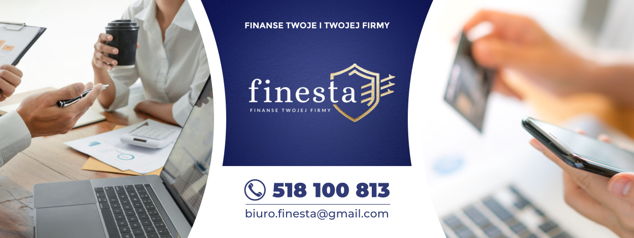 Spotkanie biznesowe z laptopem, analizą danych, logo Finesta i danymi kontaktowymi. Konsultacja finansowa, doradztwo kredytowe. Finanse dla firm.