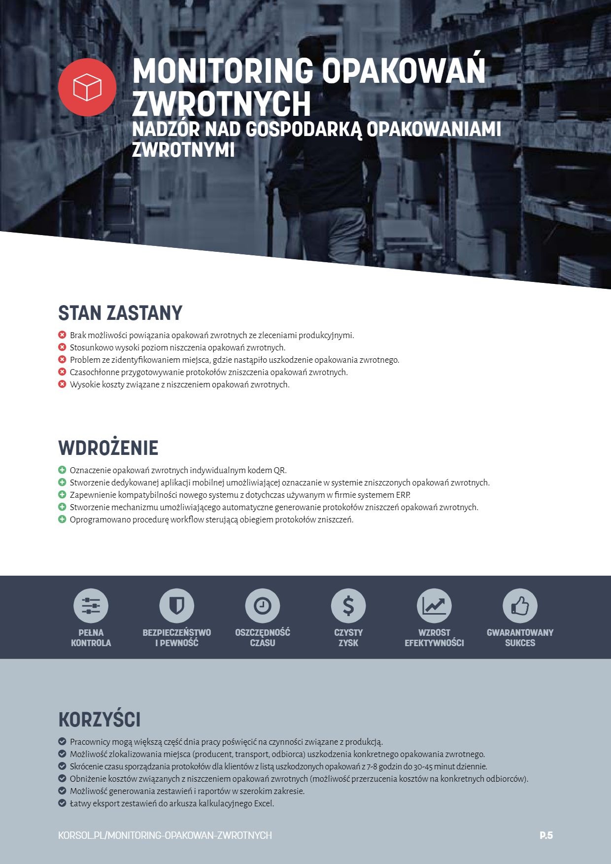 Infografika przedstawiająca korzyści z monitoringu opakowań zwrotnych, w tym pełną kontrolę, bezpieczeństwo, oszczędność czasu, czysty zysk, wzrost efektywności i gwarantowany sukces.