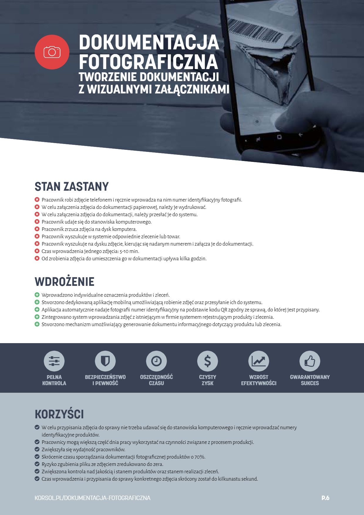 Prezentacja systemu dokumentacji fotograficznej z wizualnymi załącznikami, obejmująca proces robienia zdjęć telefonem i automatycznego wprowadzania ich do systemu, z korzyściami takimi jak...