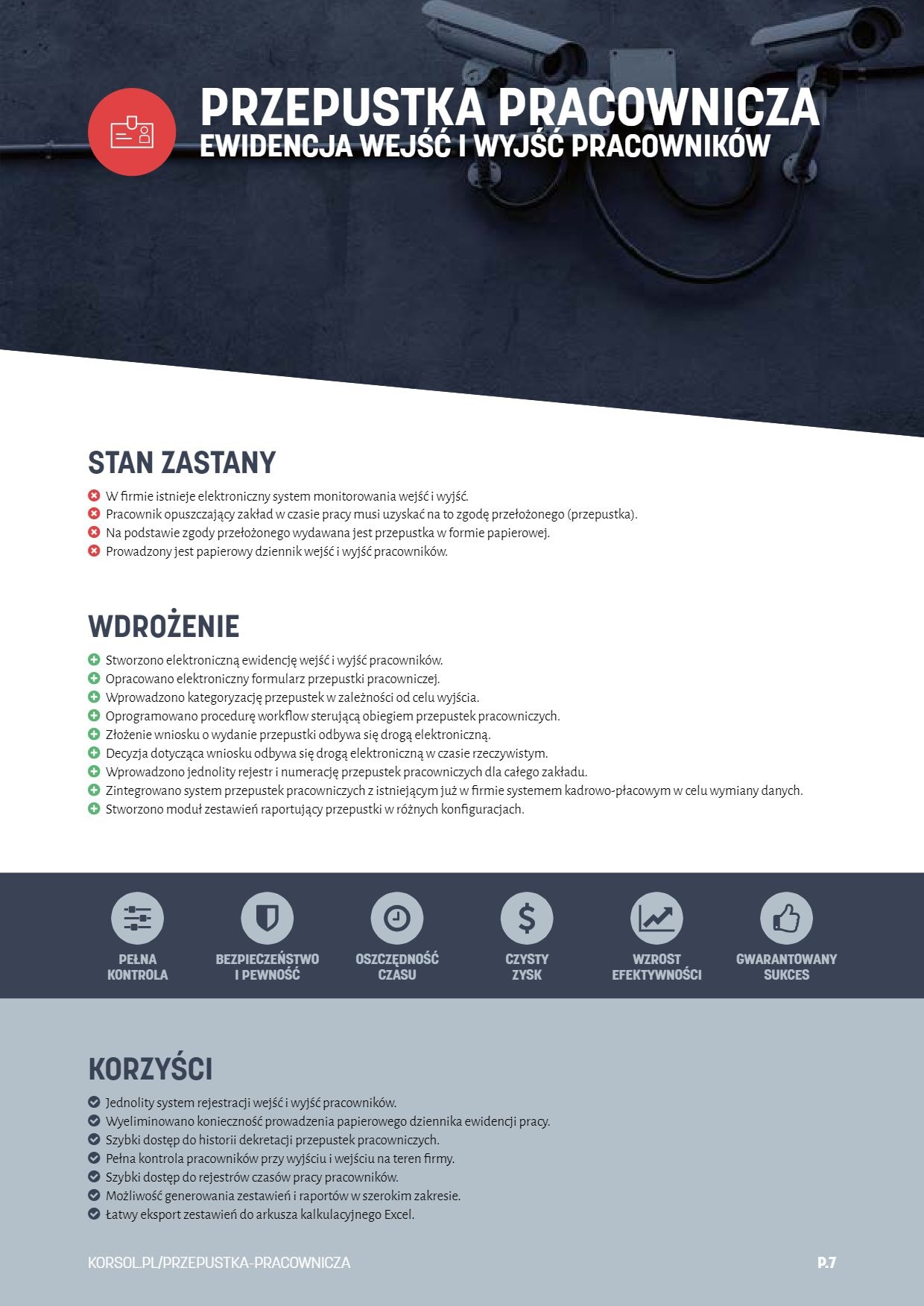 Grafika reklamowa systemu kontroli dostępu pracowników, z elementami wizualnymi i tekstem opisującym korzyści z wdrożenia.