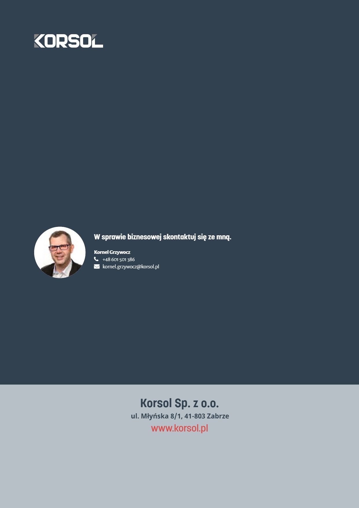 Strona kontaktowa firmy Korsol Sp. z o.o. z logo, adresem, numerem telefonu, adresem e-mail oraz zdjęciem portretowym Kornela Grzywocza w okrągłej ramce.