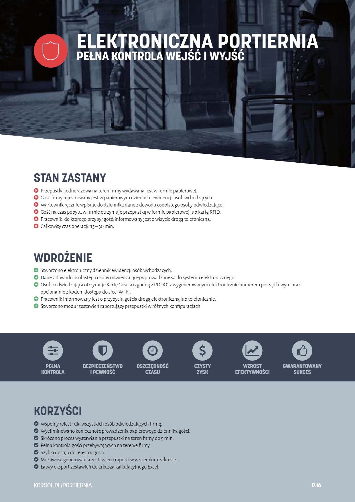 Elektroniczna portiernia: pełna kontrola wejść i wyjść. Grafika przedstawia korzyści z wdrożenia systemu elektronicznej ewidencji gości w firmie z Zabrza, takie jak wyeliminowanie papierowego...